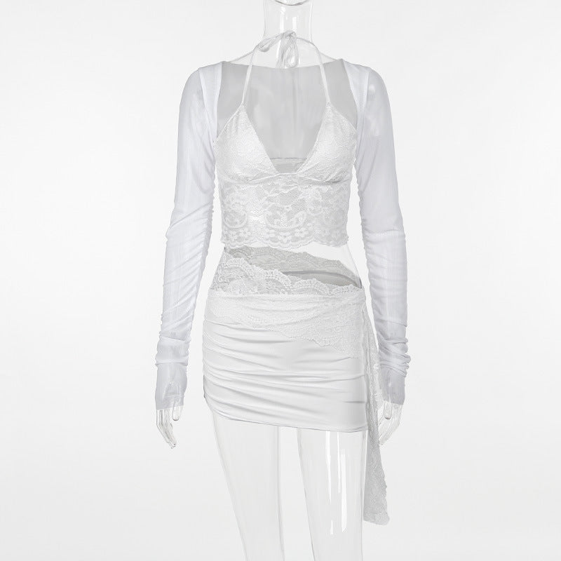 V-neck Lace Mesh Long Sleeve Cover and Cami Skirt Set