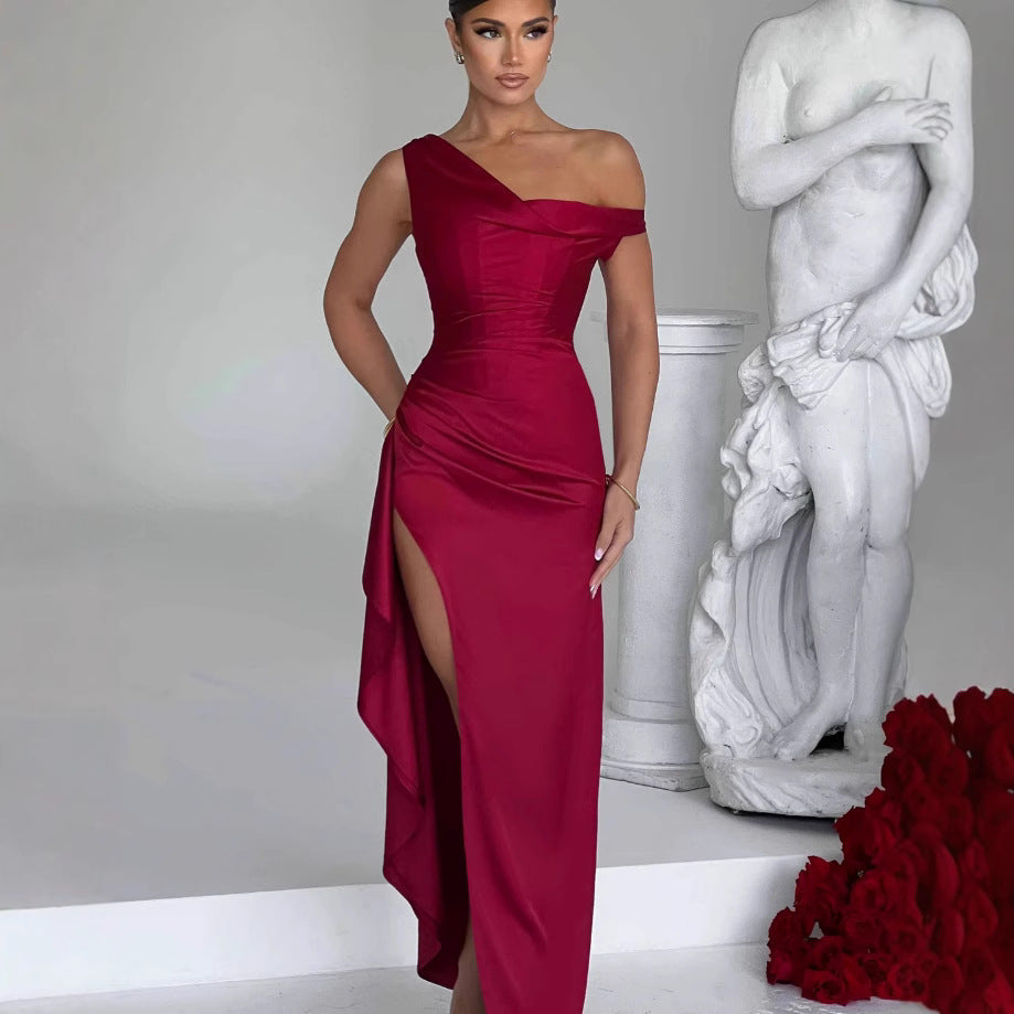 Women's Slant Shoulder Satin Waist sinching Long Dress