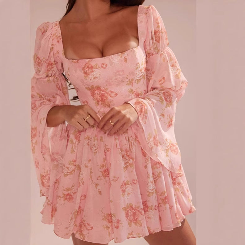 Floral Printed Pleated Long Bell Sleeve Short Dress
