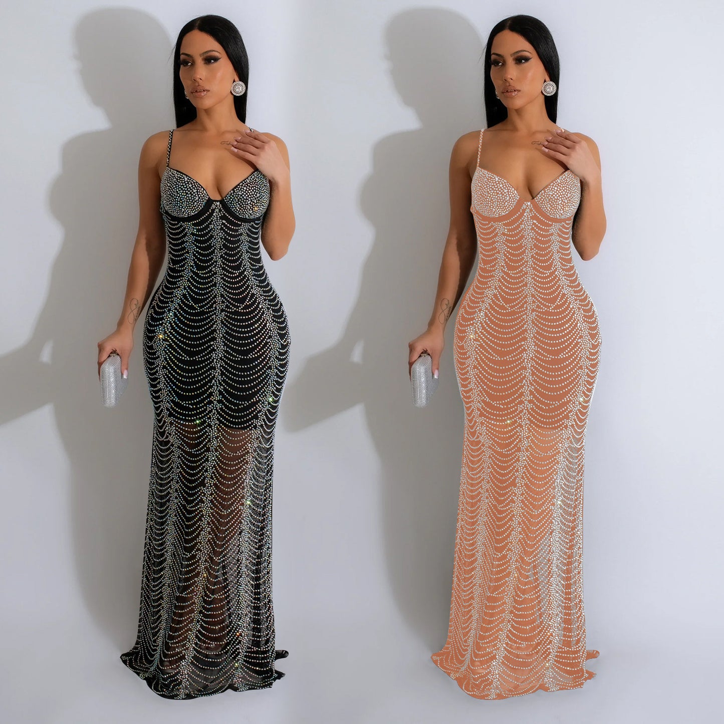 European And American Fashion Women's Pure Color Mesh Rhinestone Strap Dress