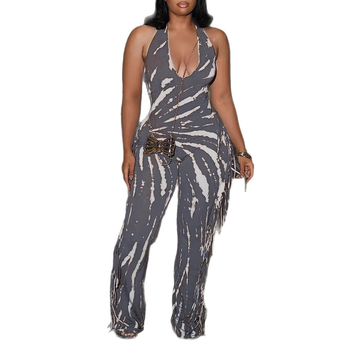 Elegant Sexy Slim Fit Stretch Backless Tassel Printed Halter Strap Micro Pull Jumpsuit