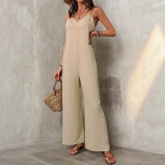 Women Clothing Solid Color Casual Sleeveless Sling Jumpsuit Simple Loose Wide Leg Pants Jumpsuit