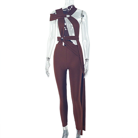 Sexy Women Streetwear Lace up Cutout Metal Ring Jumpsuit Solid Color Skinny Pants Long Jumpsuit