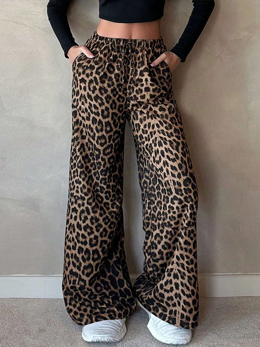 Women Clothing Satin Casual Pants Fall High Waist Leopard Print Loose Straight Satin Wide Leg Pants