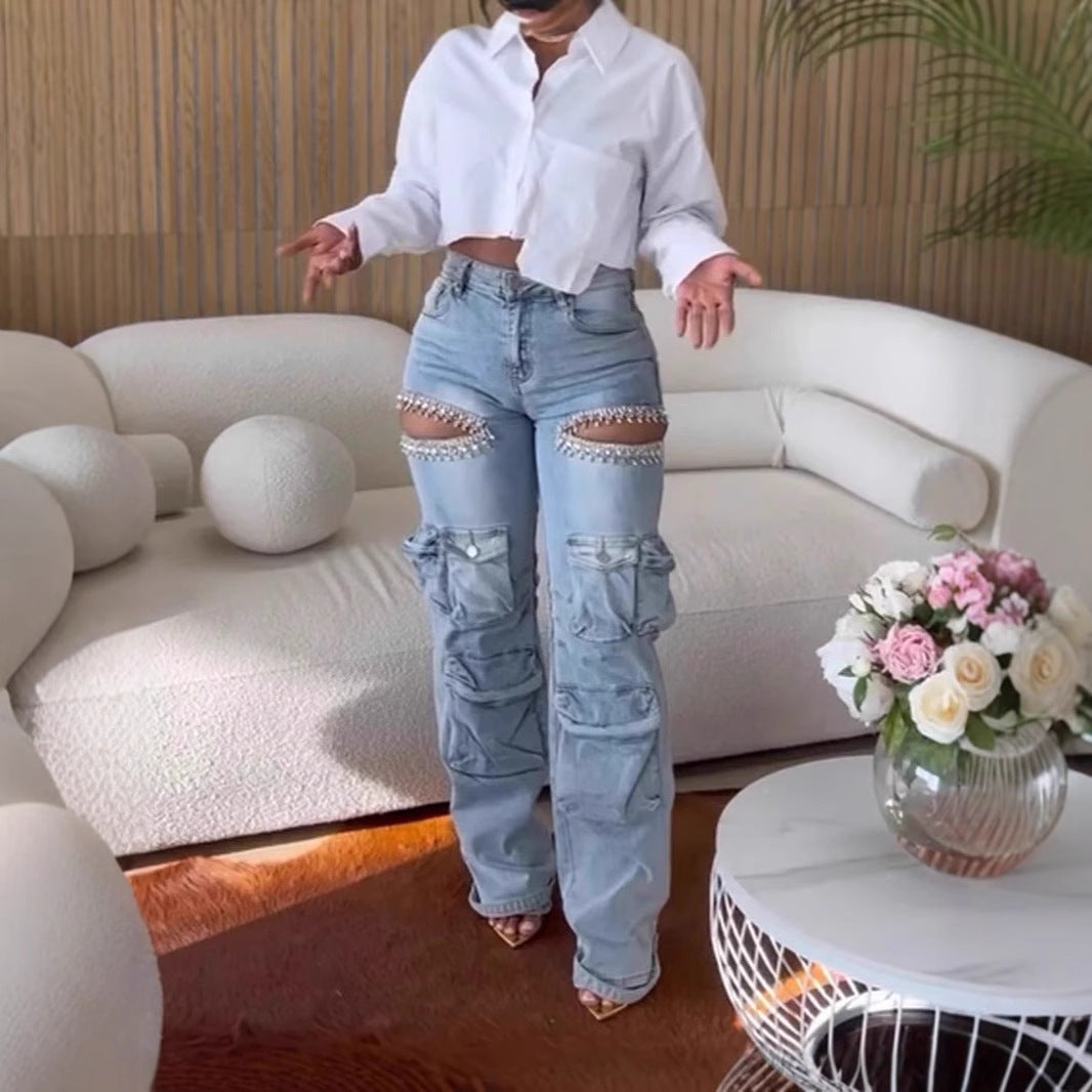Thigh Hollow-out Rhinestone Decorations Cargo Multi-pocket Stretch Jeans