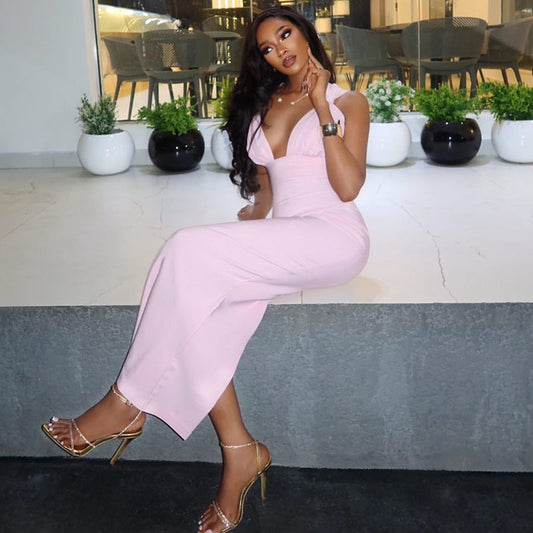 Solid Color Casual Women Pleated Corset Hip Dress Waist V neck Halter Maxi Dress Tide