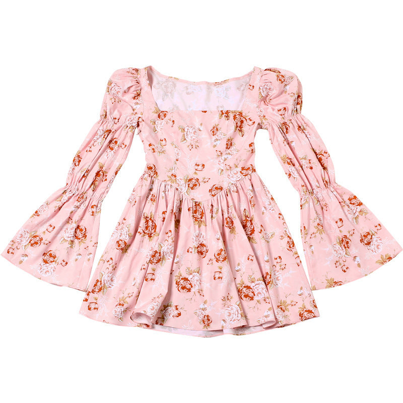 Floral Printed Pleated Long Bell Sleeve Short Dress