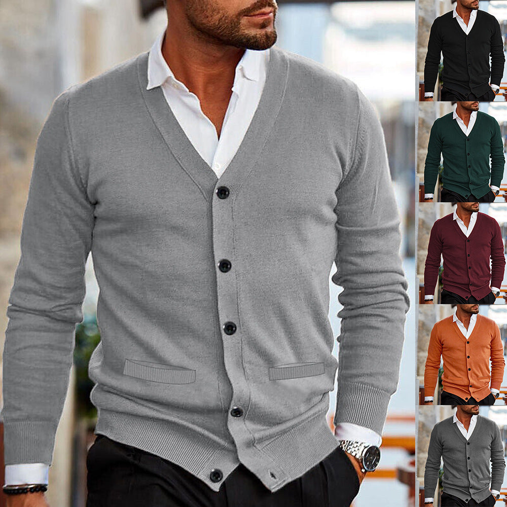 Men's Double-sided Pocket Knitwear V-neck Long Sleeve Slim Cardigan Sweater
