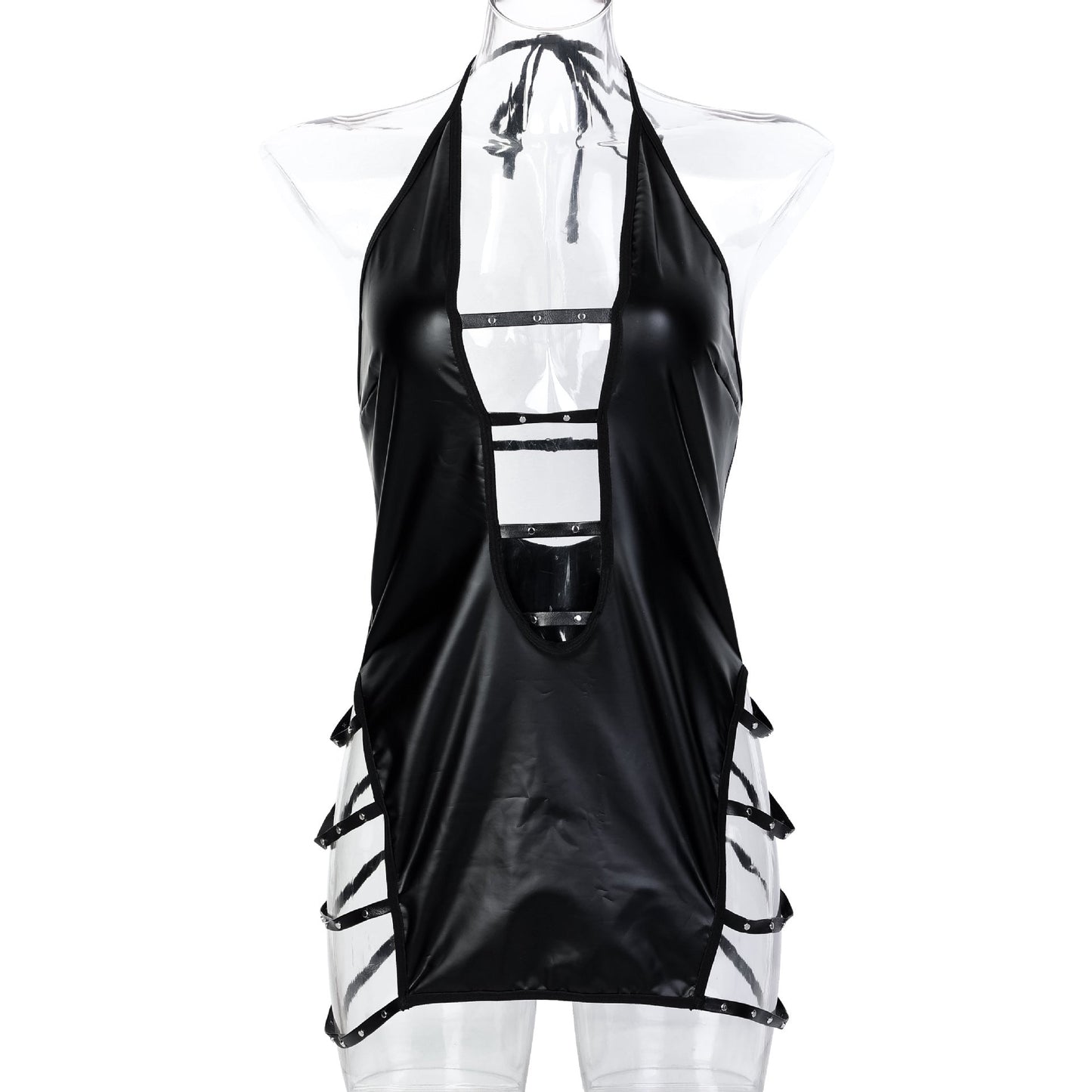 Black Faux Leather Patent Leather Staring Beads Metal Hollow Out Cutout Halter Strap Sexy Deep V Plunge Sexy Home Nightdress Women