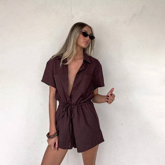 Shirt Collar Solid Color Waist Tight Short Sleeve Romper for Women Casual