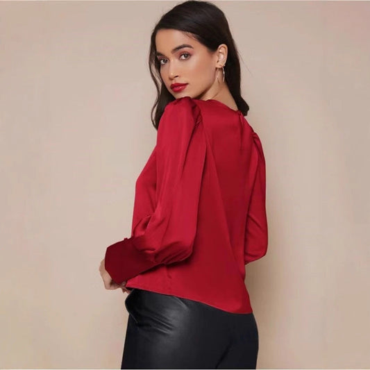 Long Sleeved Satin Shirt Women Spring Autumn Lantern Sleeve Satin Shirt Top