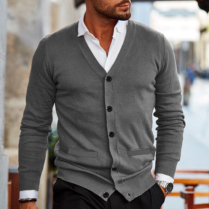 Men's Double-sided Pocket Knitwear V-neck Long Sleeve Slim Cardigan Sweater