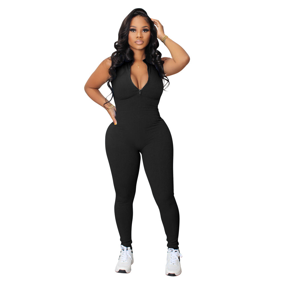 Women's Solid Color Stretch Small Sunken Stripe Zipper Jumpsuit