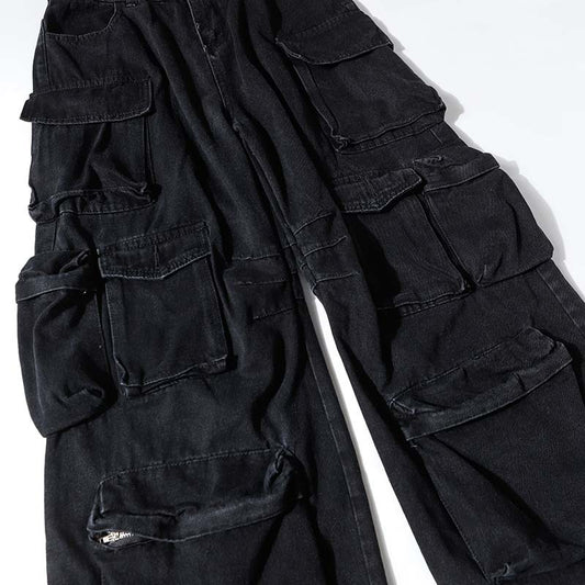 High Street Multi-pocket Heavy Industry Washed Old Cargo Jeans
