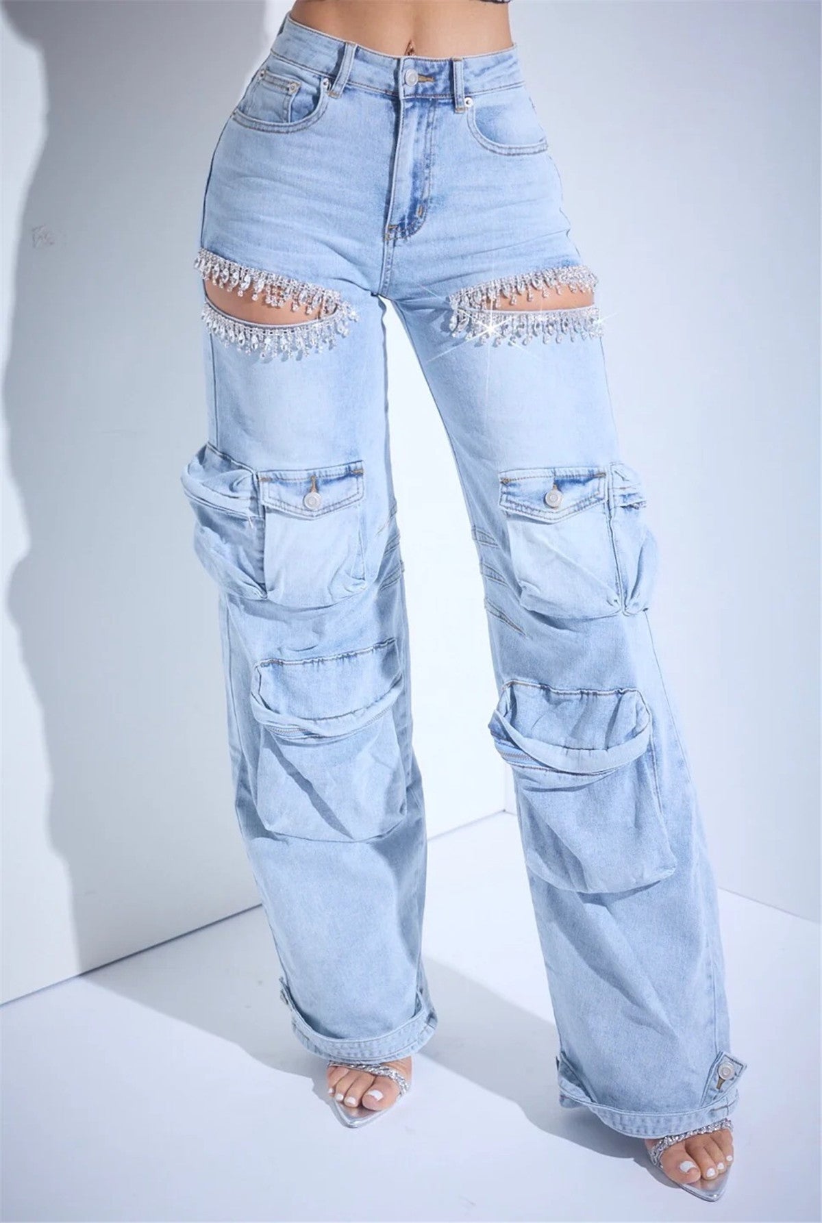 Thigh Hollow-out Rhinestone Decorations Cargo Multi-pocket Stretch Jeans
