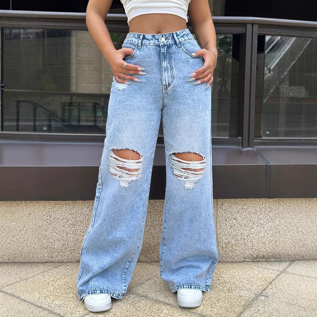 Ripped Washed Loose Straight Wide Leg Jeans