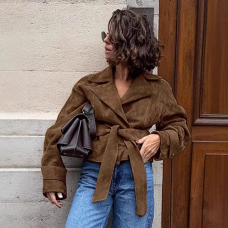 Suede Stomach Blanket Lace-up Coat Women's Vintage Coat