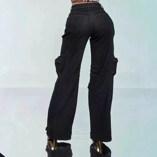 Thigh Hollow-out Rhinestone Decorations Cargo Multi-pocket Stretch Jeans by GJG Denim