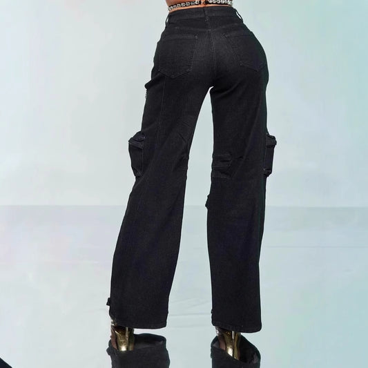 Thigh Hollow-out Rhinestone Decorations Cargo Multi-pocket Stretch Jeans