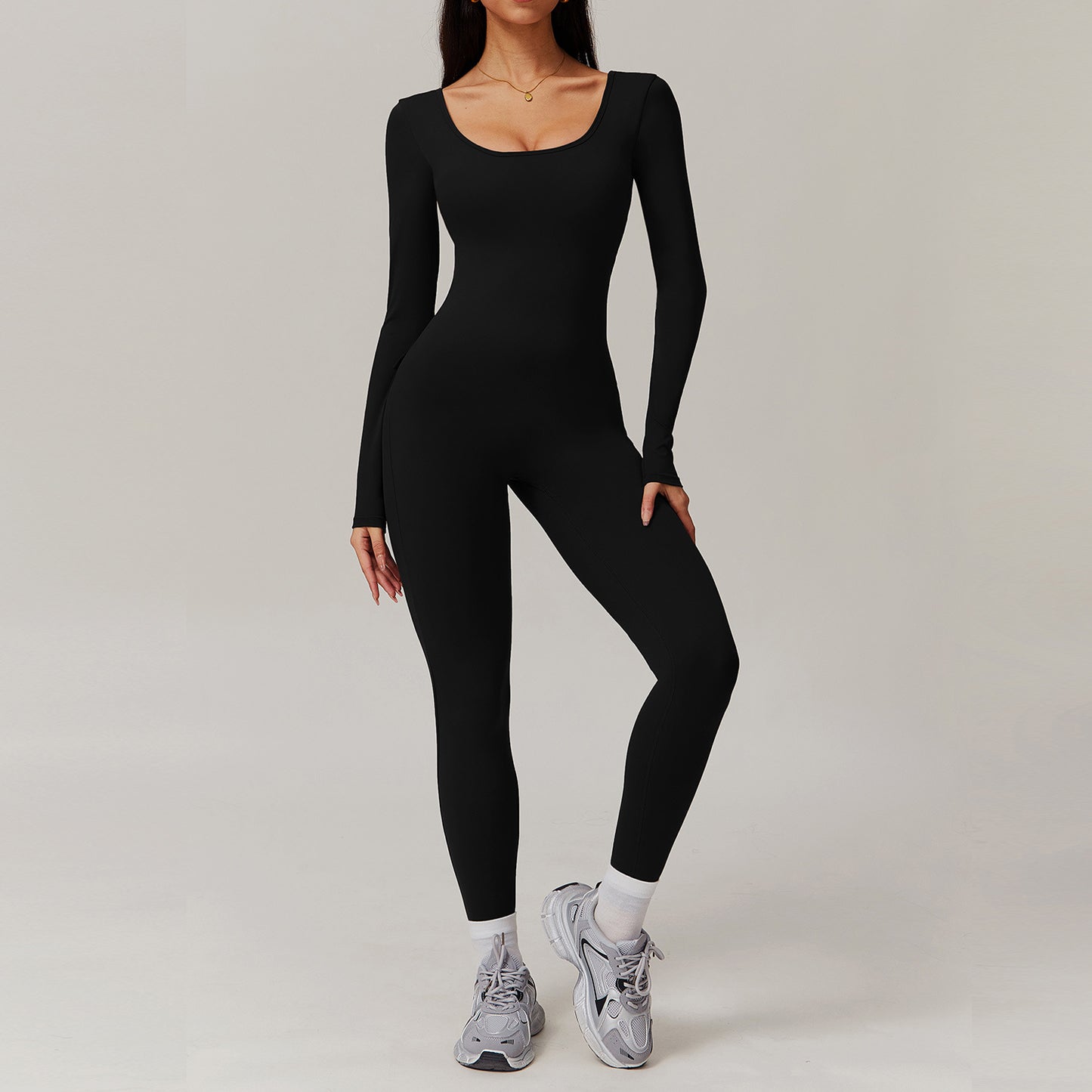 Long Sleeve Yoga Jumpsuit Back Pockets Scrunch bottom Backless