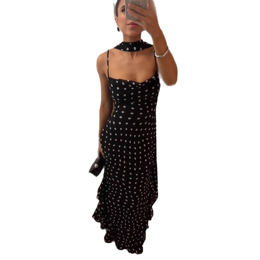 Sleeveless Polka Dot Scarf Ruffled Spaghetti Straps Dress set