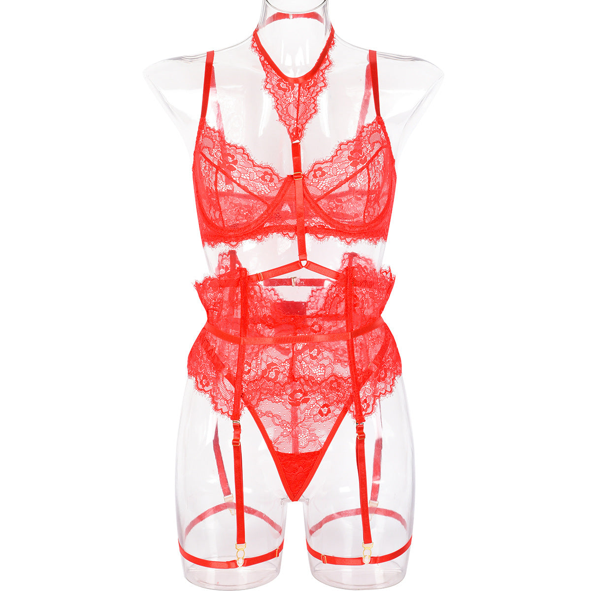 Sexy Three Piece Summer Lace Eyelash Lace Stitching with Halter Foot Ring