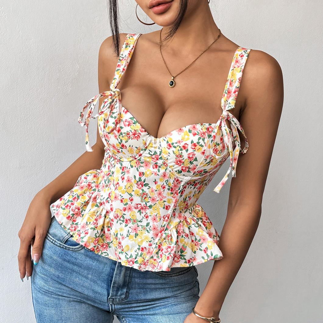 Floral Spring Summer Lace up Adjustable Boning Corset Corset Waist Trimming Ruffles Chest Cotton Camisole