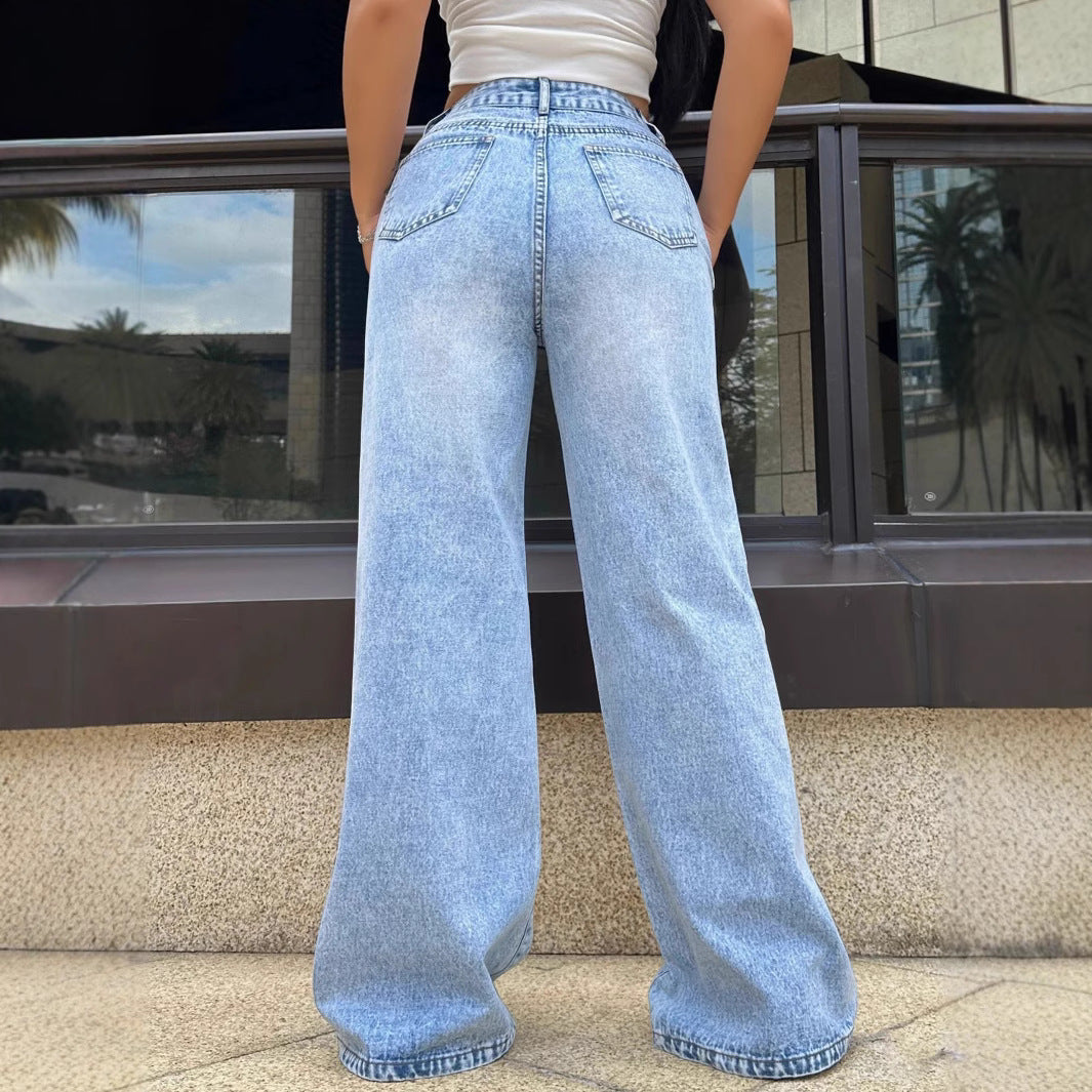 Ripped Washed Loose Straight Wide Leg Jeans