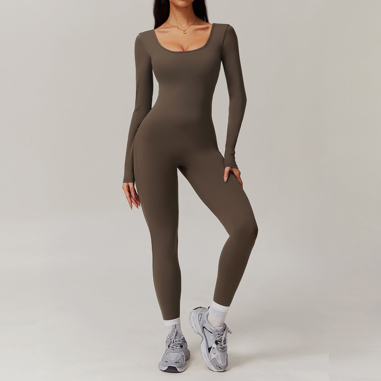 Long Sleeve Yoga Jumpsuit Back Pockets Scrunch bottom Backless
