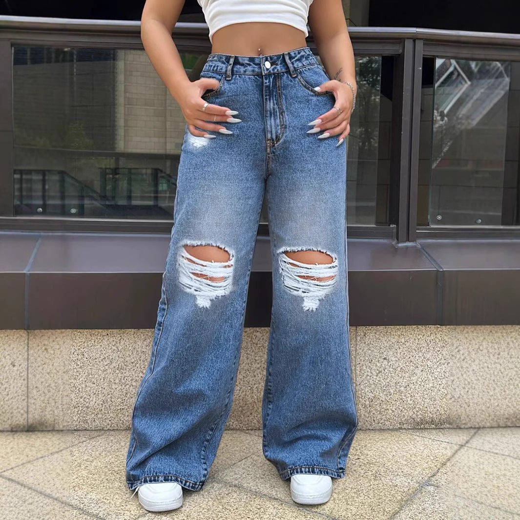 Ripped Washed Loose Straight Wide Leg Jeans