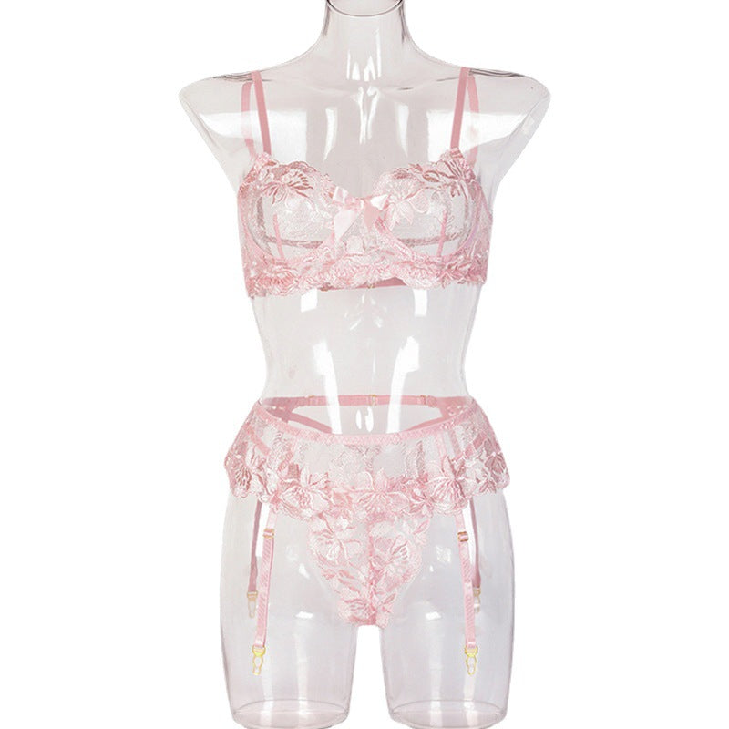 Sexy Lingerie Three-Piece Floral Embroidery Stitching Waist Seal Sexy Ladies Sexy Suit