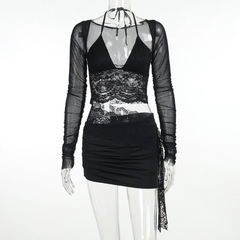 V-neck Lace Mesh Long Sleeve Cover and Cami Skirt Set