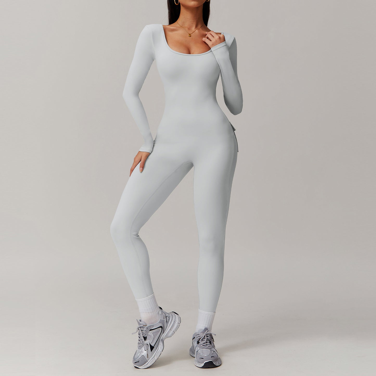 Long Sleeve Yoga Jumpsuit Back Pockets Scrunch bottom Backless