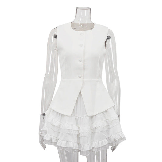 Casual Skirt Outfit Women High Grade Sleeveless Vest Waistcoat Top High Waist Bubble Skirt Two Piece Sets