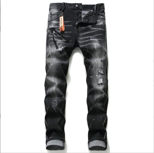 Men's Black And Gray Paint Hole Zipper Decorations Jeans