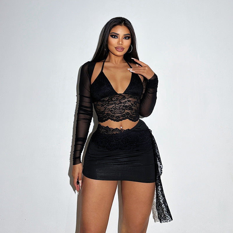 V-neck Lace Mesh Long Sleeve Cover and Cami Skirt Set
