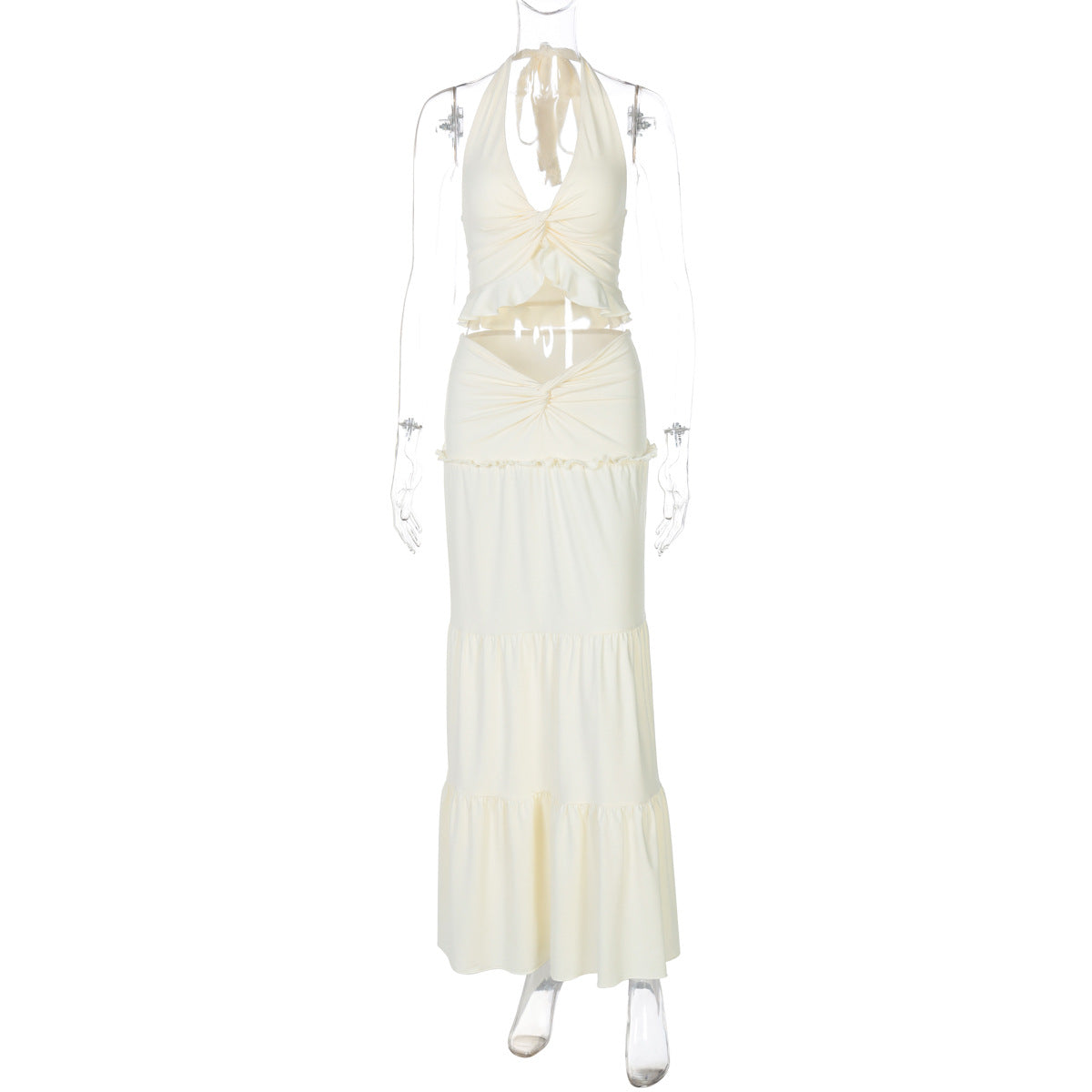 Women's V-neck Ruffled Halter Spaghetti Straps Detail Twisted Dress Suit