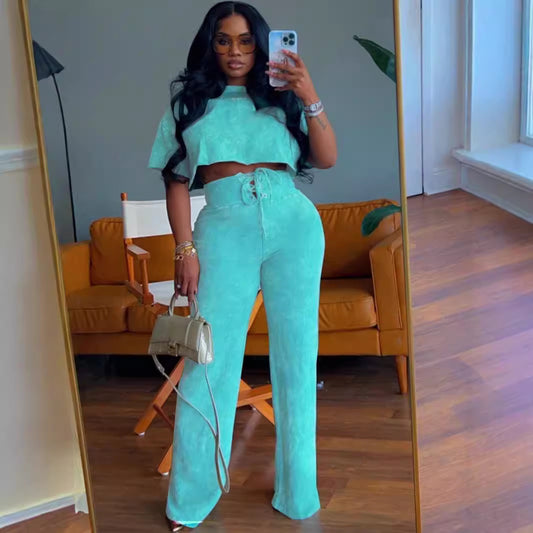 Leisure Commuter Daily Tie-dyed Short Women's Round Neck Top Lace-up Two-piece Pants