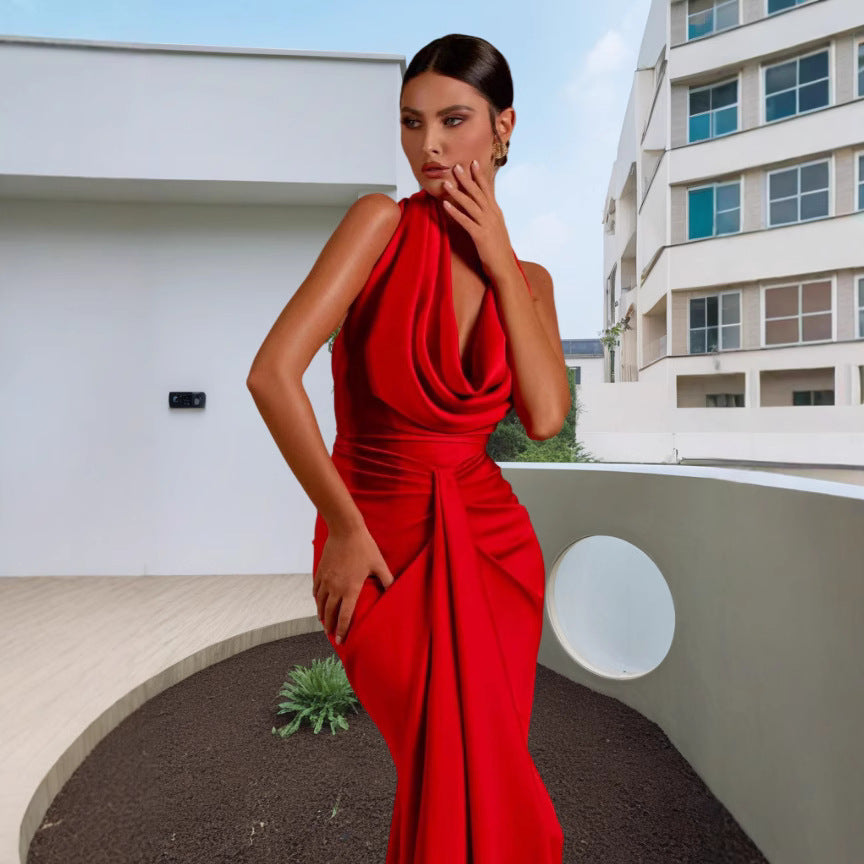 Sexy Slim Fit Slimming Halter Pendant Collar Backless Dress V-neck