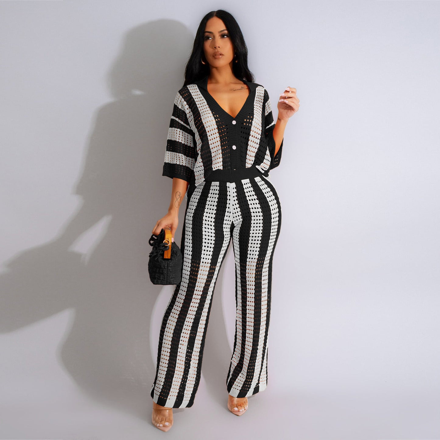 V-neck Striped Knitted Blouse And Pants