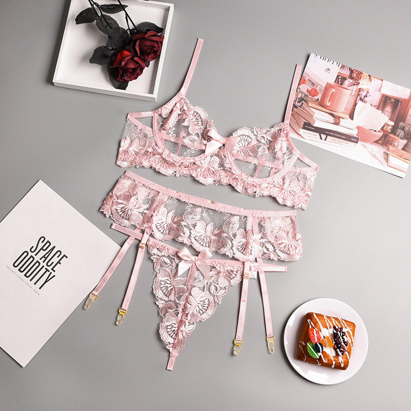 Sexy Lingerie Three-Piece Floral Embroidery Stitching Waist Seal Sexy Ladies Sexy Suit