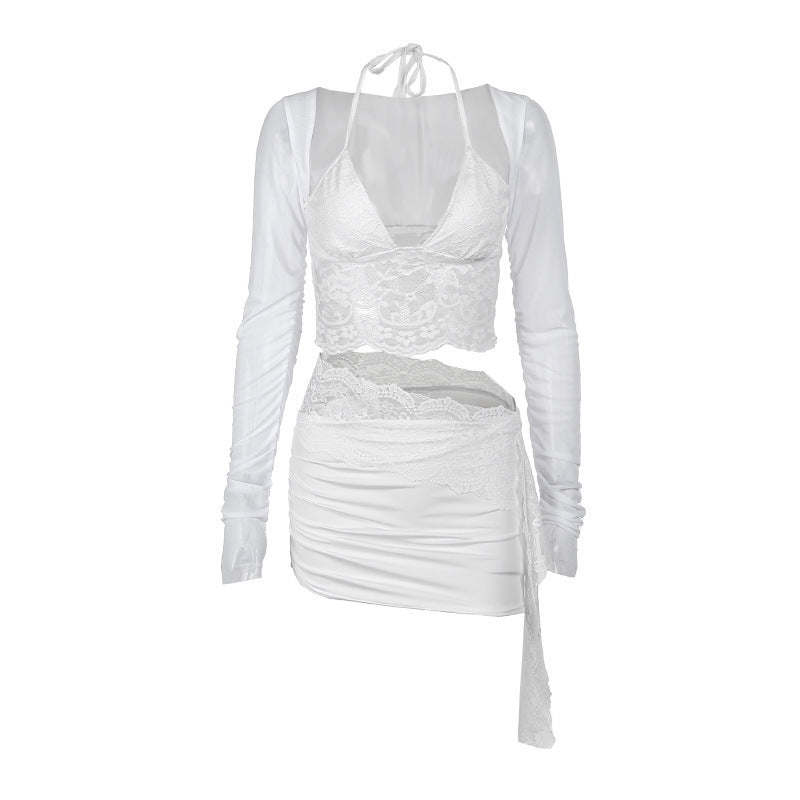 V-neck Lace Mesh Long Sleeve Cover and Cami Skirt Set