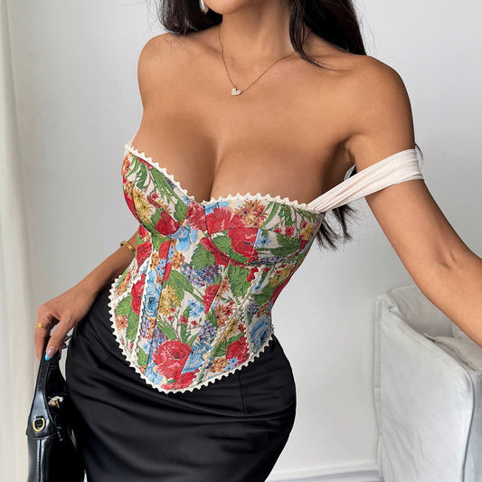 Women Niche Retro French Jacquard Court Corset Boning Corset Chest Cotton Vest
