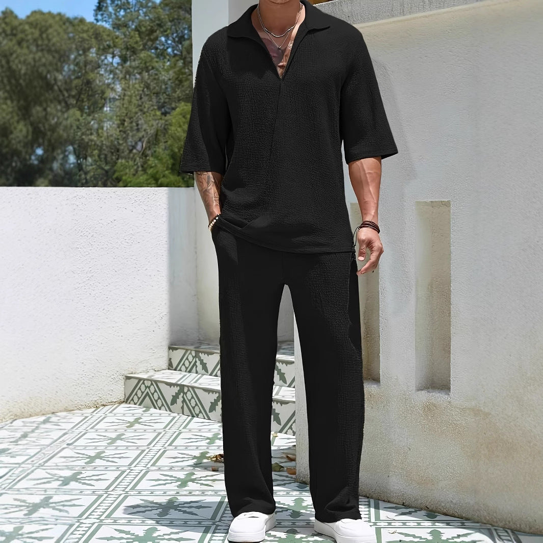 Commuter Men's Casual Shirt Solid Color Half Sleeve Trousers Two-piece Suit