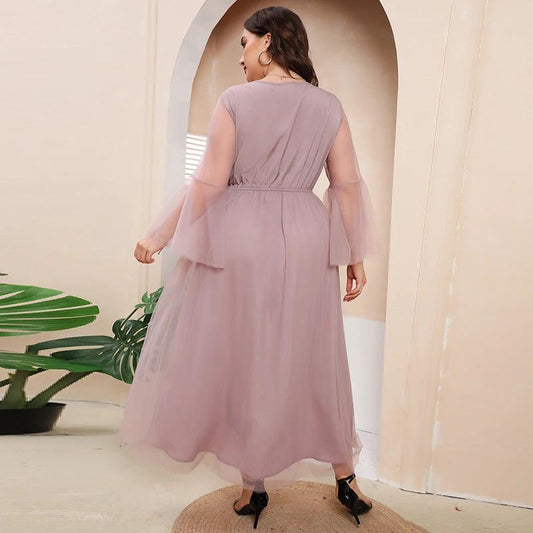 Plus Size Mesh Long Sleeve Dress Evening Dress Women Plump Girls Cocktail Party French Midi Dress by Lady Ros