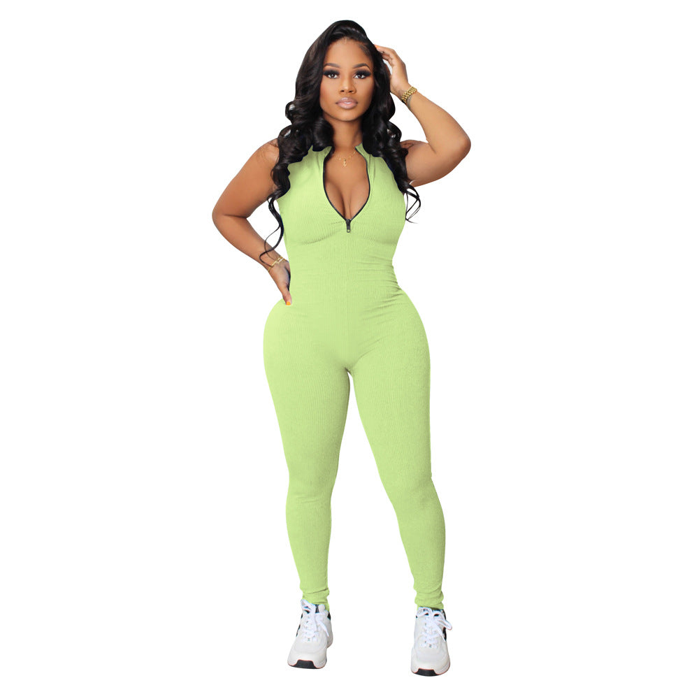 Women's Solid Color Stretch Small Sunken Stripe Zipper Jumpsuit