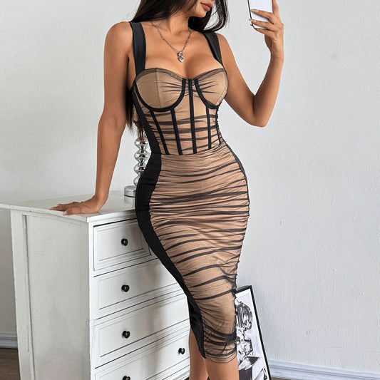 Sexy Adult Lady like Woman Stitching Sheer Mesh Dress Women Sexy Pleated Slim Hip Dress