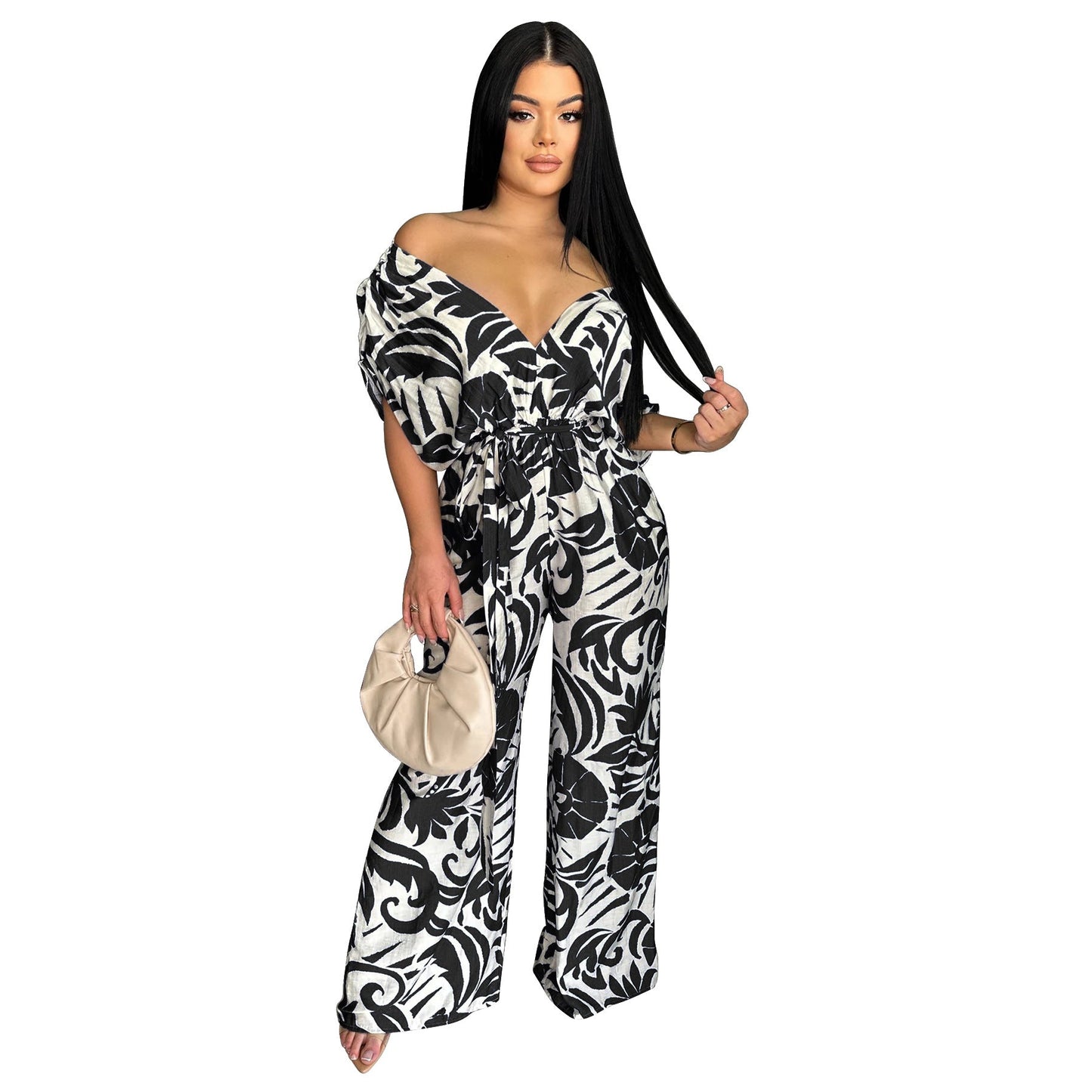 Women Clothing off the Shoulder Batwing Sleeve Wide Leg Printed Jumpsuit