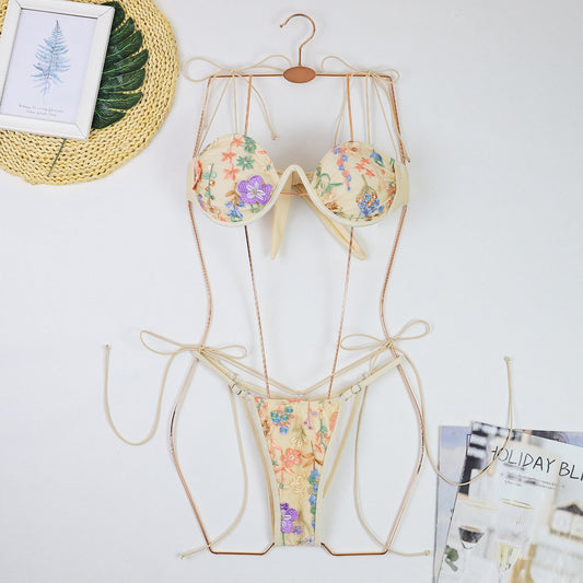 Embroidery Push up Bikini Swimsuit Women Sexy Thin Strap Three Point Steel Bracket Split Swimsuit