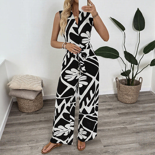 V neck Jumpsuit Summer Office Sleeveless Printed Jumpsuit